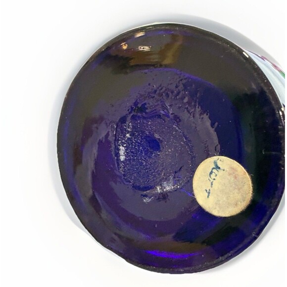 Vtg Cobalt Blue Glass Pitcher Hand Blown Hand Painted Flowers Ruffled Gilded - Picture 4 of 5